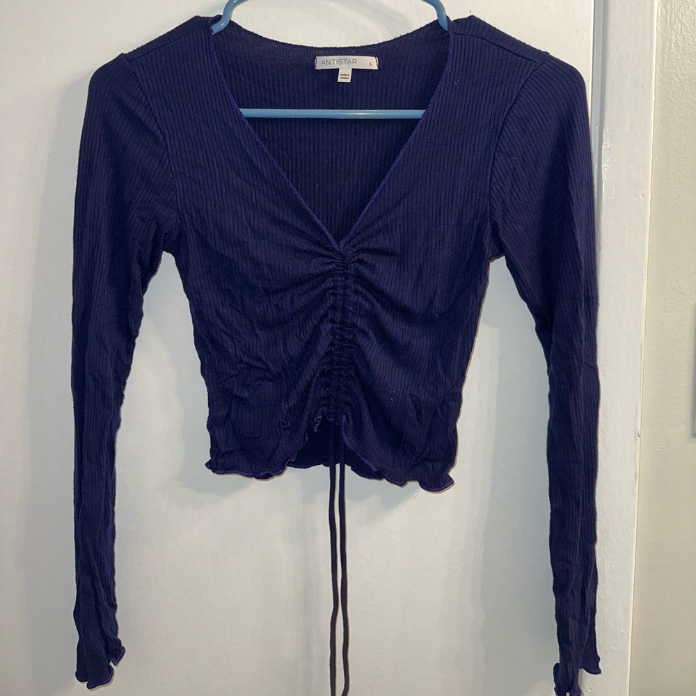 long sleeve blue scrunch tie top
